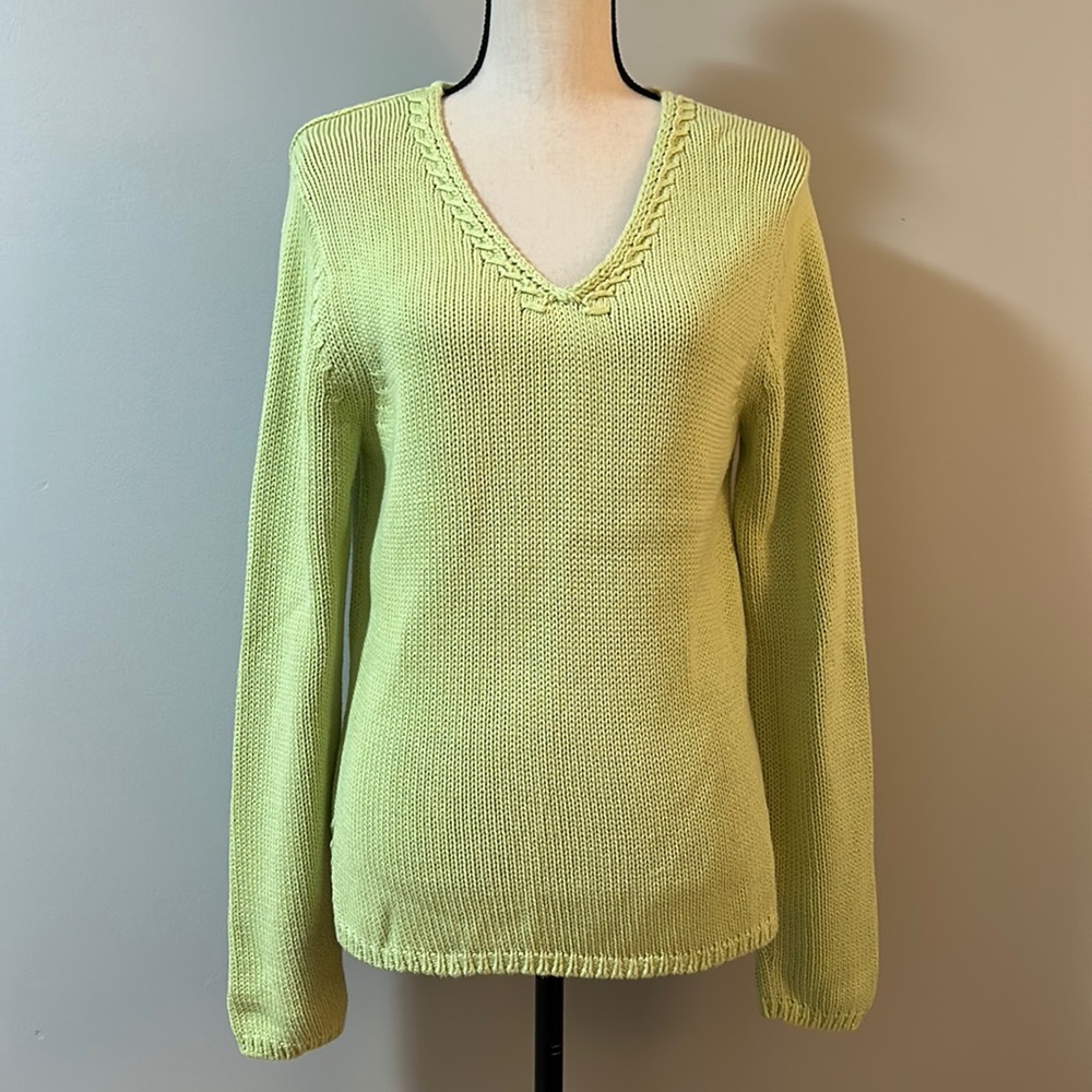 Talbots Cotton V-Neck Knit Sweater in Lime Green